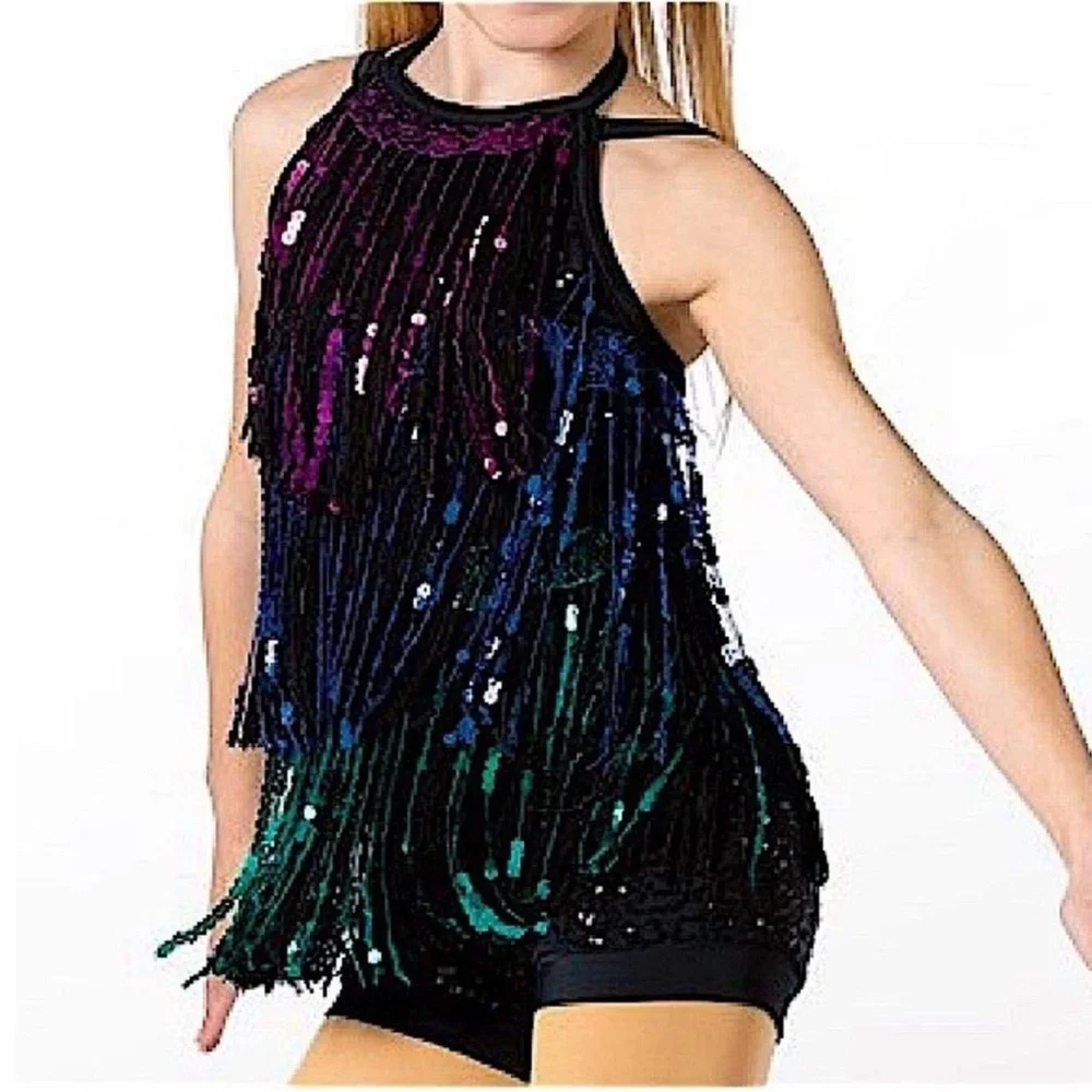 Weissman Showtime | Boom Boom Colorful Sequin Fringe Jazz Dance Biketard Size LC